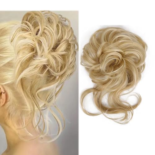 Dutt Haarteil Haargummi Mit Haaren Gelockt Messy Bun Haarteil mit Gummiband Synthetisch Haarverlängerung Pferdeschwanz Haarteile für Damen Mädchen (22h613 (Ash Blonde Mix dunkelblond)) von Shangxiu