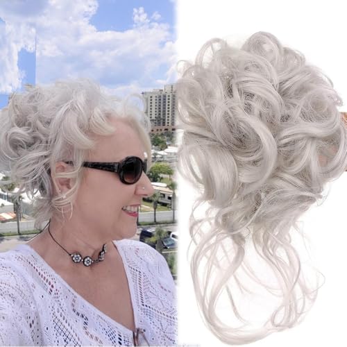 Dutt Haarteil Haargummi Mit Haaren Gelockt Messy Bun Haarteil mit Gummiband Synthetisch Haarverlängerung Pferdeschwanz Haarteile für Damen Mädchen (Hellgrau) von Shangxiu