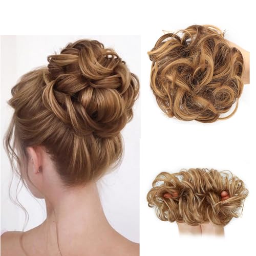 Hair Extensions Haarteil Dutt Haarteil mit Gummiband Messy Bun Haarteil elockt Haargummi Mit Haaren Hochsteckfrisuren Haarverlängerung für Damen Mädchen Pferdeschwan (27H22# (Helles Kastanienbraun)) von Shangxiu