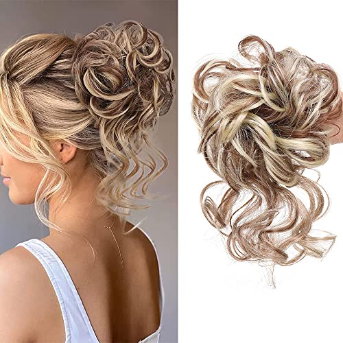 Große Dutt Haarteil Haargummi Mit Haaren Hochsteckfrisuren, Gelockt Messy Bun Haarteil mit Gummiband für Frauen Mädchen (12H613 (Mittelbraun Mischen Erdbeerblond) von Shangxiu