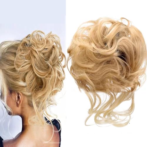 Haarteil Blonde Haarteile Mit Gummiband Dutt Haarteile Haargummi Mit Haaren Messy Bun Haarteil Haar Tousled Updo haarteile Hochsteckfrisuren für Frauen Mädchen(Mischen Blond bleichen) von Shangxiu