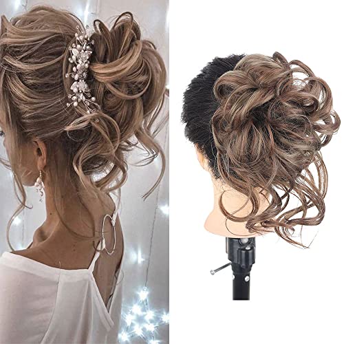 Haarteil mit Gummiband Gelockt Dutt Haarteil Mit Haaren Hochsteckfrisuren Synthetisch Messy Bun Haar Tousled Updo Haarteile für Frauen Mädchen(#18H10 Platin Blond Mischung Erdbeerblond) von Shangxiu