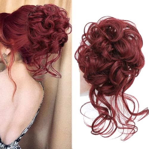Haarteil Mit Gummiband Rot Dutt Haarteil Haargummi Mit Haaren Gelockt Haardutt Synthetisch Haar Haarverlängerung Pferdeschwanz Haarteile für Damen Mädchen (Wellig-Lockig-Rot) von Shangxiu