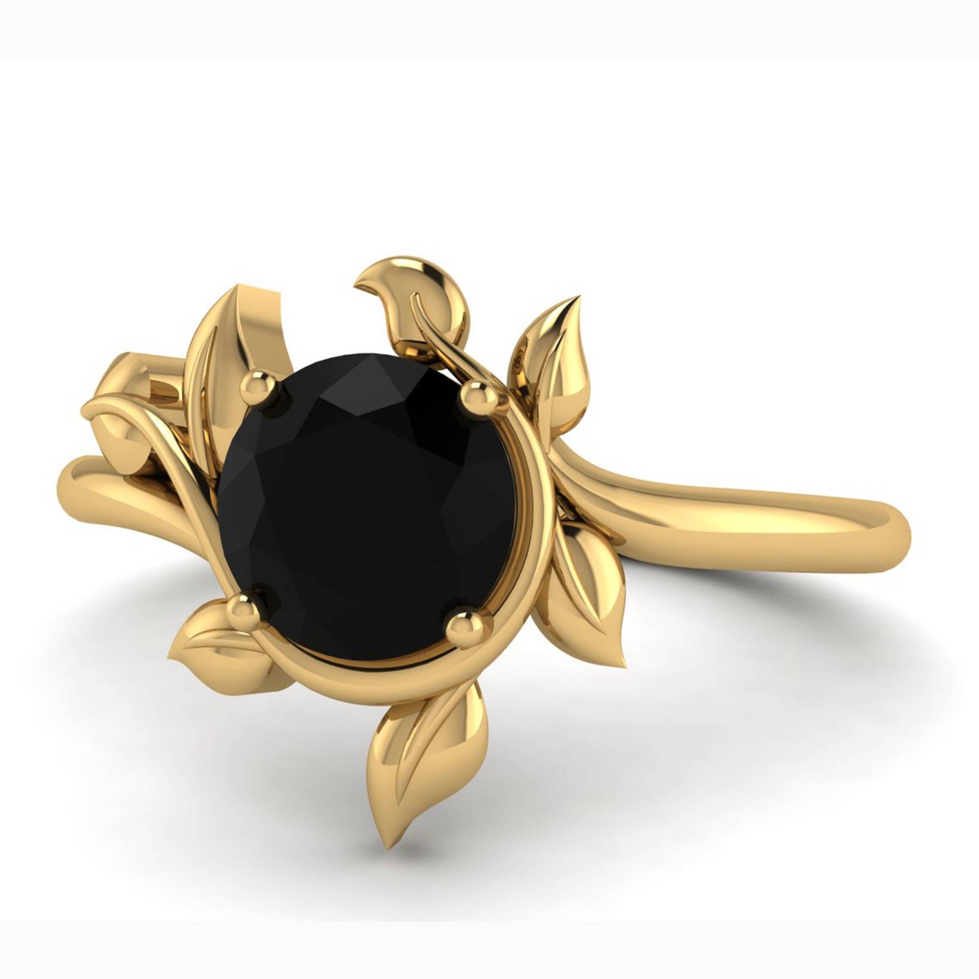 1.00 Karat Schwarzer Onyx Gold Ring, Blatt 14K Gelbgold Verlobungsring, Geschenk Für Frauen, Sonne Blume Ring von Shannonjewelsin