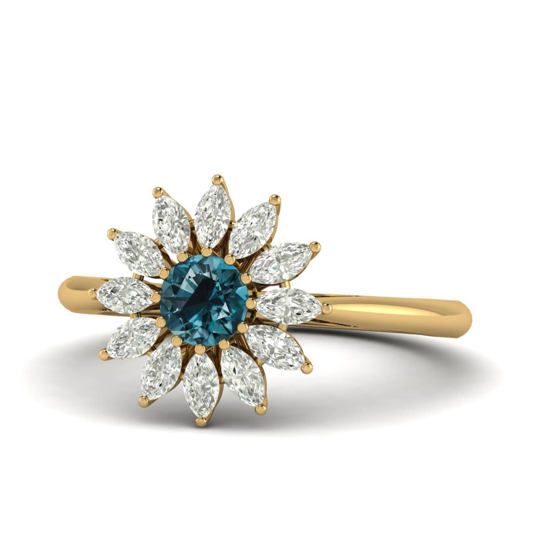 1.60 Karat Rund Form London Blue Topaz Gold Blumen Ring, Natürlicher 7mm Echttopas, Jubiläums Ring Für Frauen von Shannonjewelsin