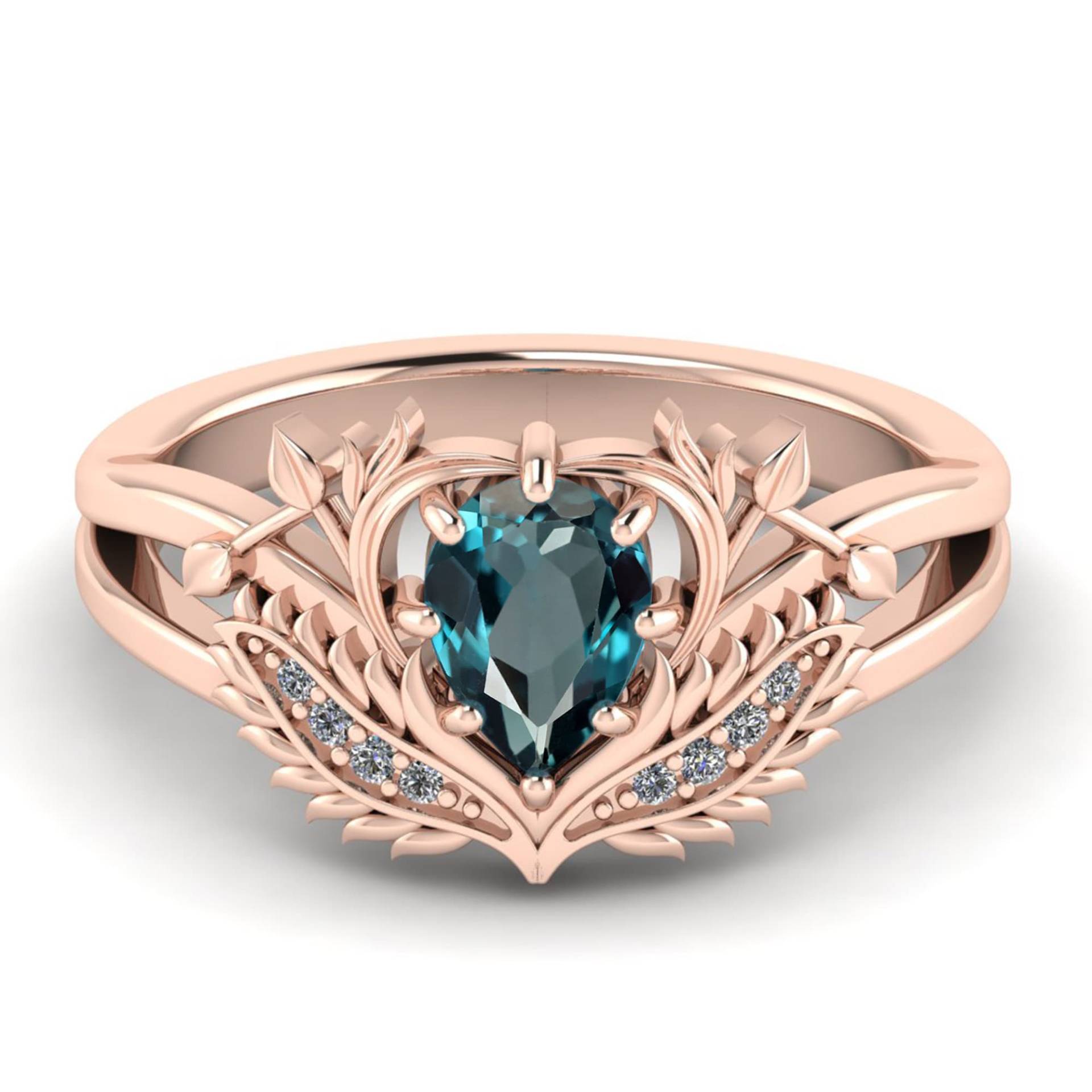 14K Rose Gold Adler Flügel Blau Topas Ring, Natur London Blau Mit Zirkon Muttertag Geschenk Liebe Versprechen Ring von Shannonjewelsin