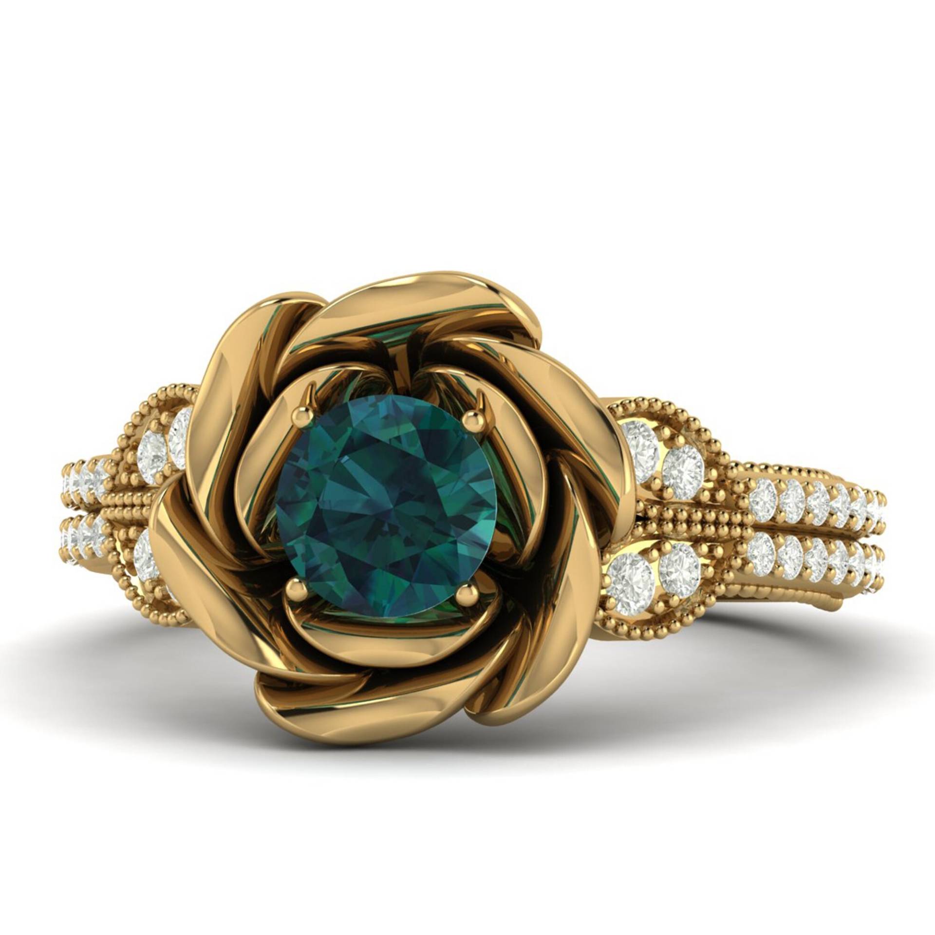 7mm Rund Form Teal Saphir Rose Gold Ring, Blatt Unikat Blume Blau Grün Moissanit Ring von Shannonjewelsin