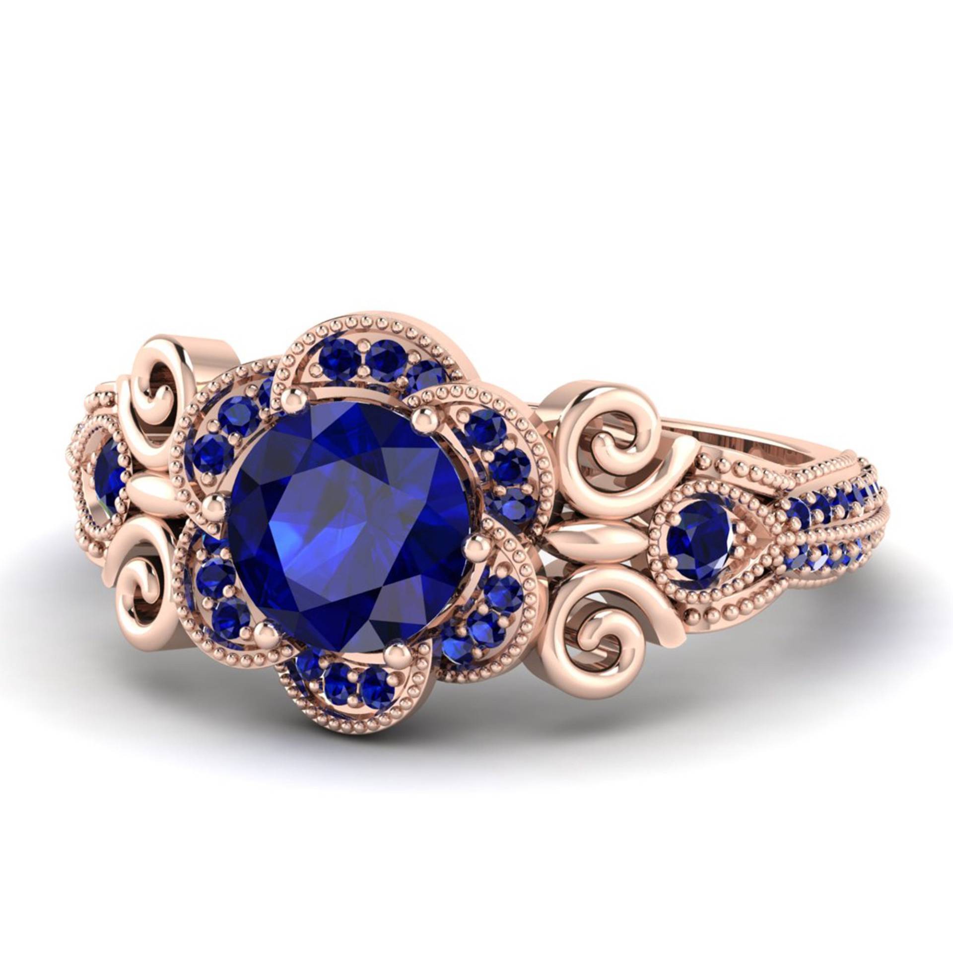 Blauer Saphir Roségold Ring, Runder Blumen Freundin Art Deco Rose Gold Blau Ring von Shannonjewelsin