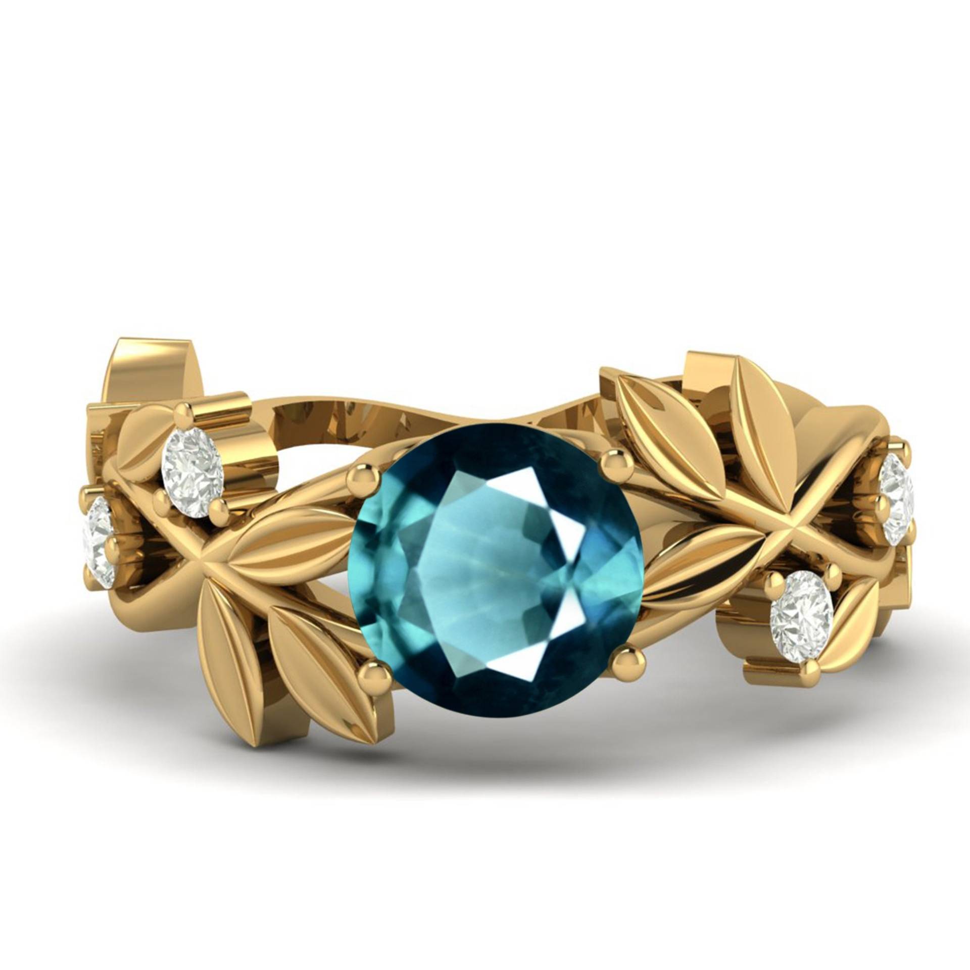 Dezember Geburtstag Blau Grün Saphir Gold Verlobungsring, Blatt Ring, Art Deco Gelbgold Unikat Jubiläum Band von Shannonjewelsin