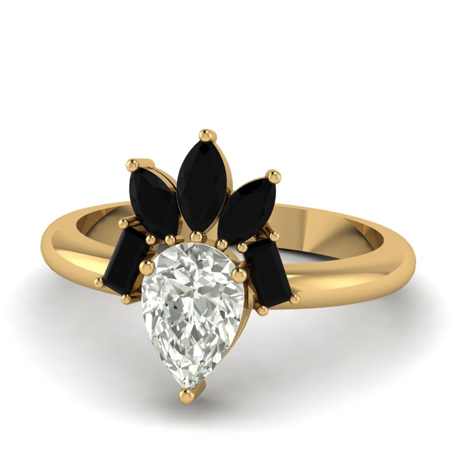 Moissanit Gelbgold Ring, Schwarzer Onyx Gold Verlobungsring, Pear Geburtstag Ring von Shannonjewelsin