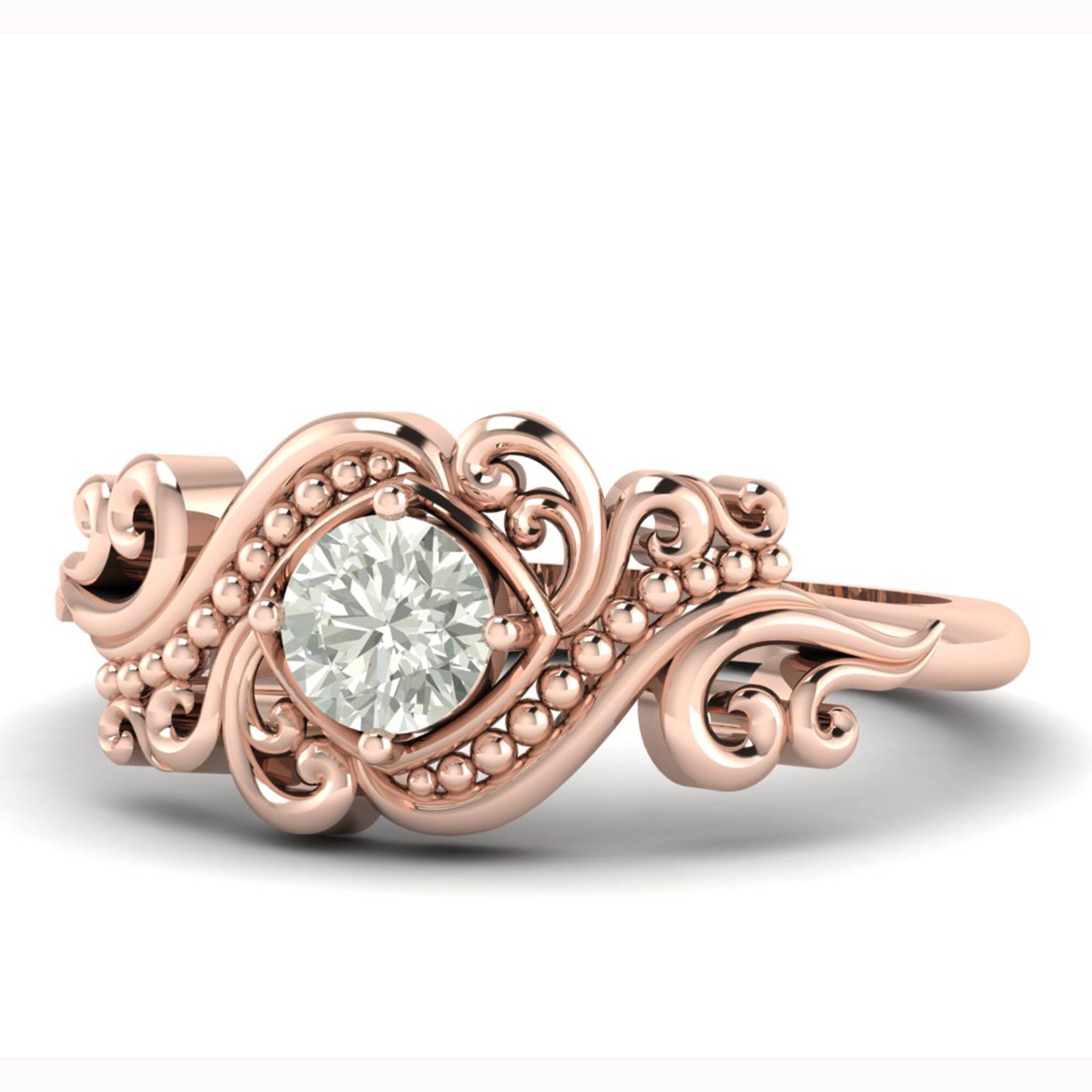 Runder Moissanit 14K Roségold Ring, Gold Verlobungsring, Blumen Geschenk Blatt Ast Individuelle Einzigartige Cluster von Shannonjewelsin