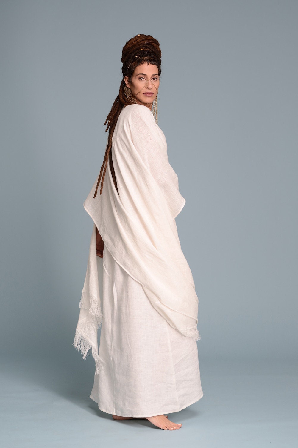 Boho Open-Weave Leinenumhang, Damen Lagenlook Fransen Kimono Cardigan, Boho Rustikale Hochzeit Weiß Poncho Cover-Up, Lange Flachs Schal Wrap von ShantimaShop