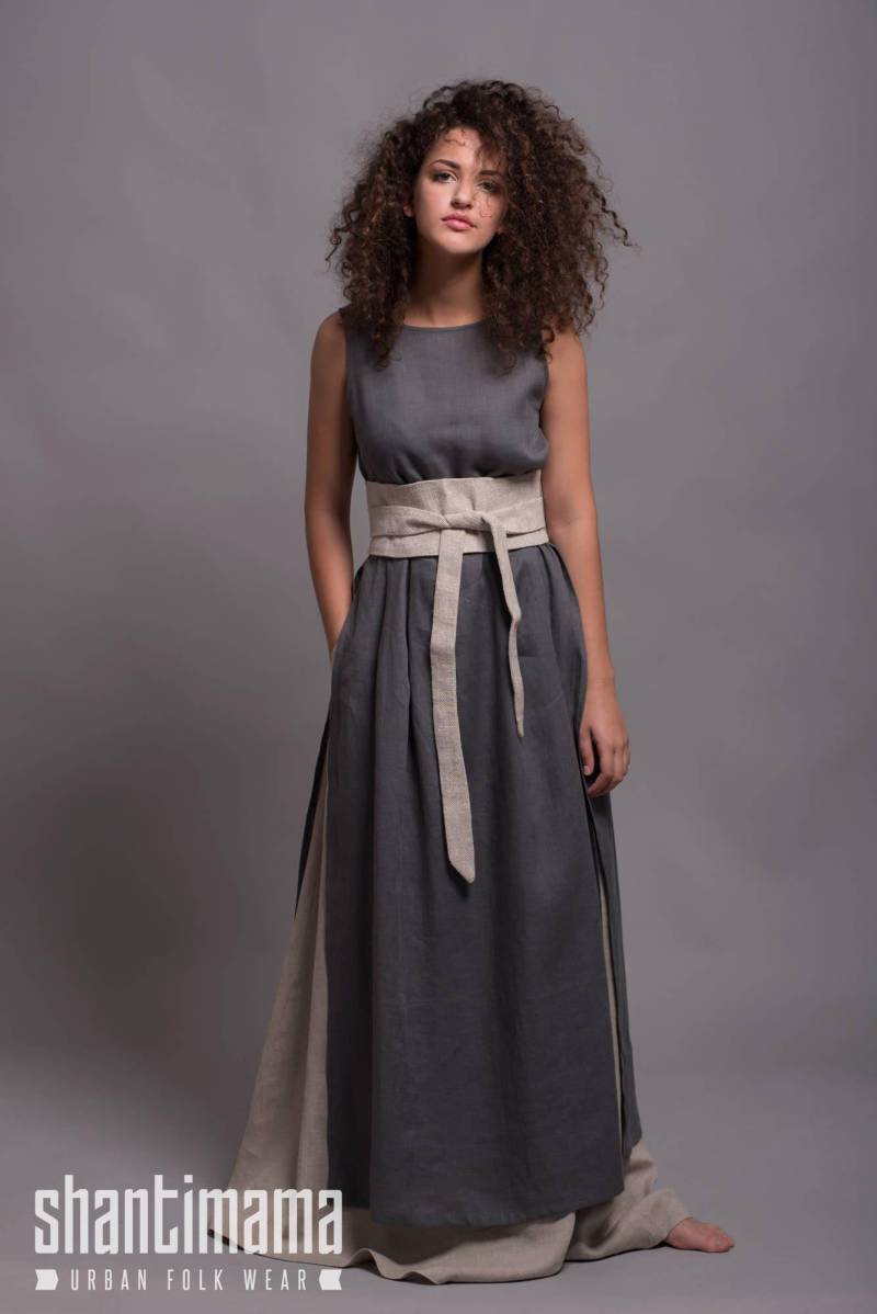 Outfit - 3-Teilig Leinen Langes Tunika Kleid Nero + Langer Rock Aira Wickelgürtel Maru, Frauen Flachs Kleidung Wikinger von ShantimaShop