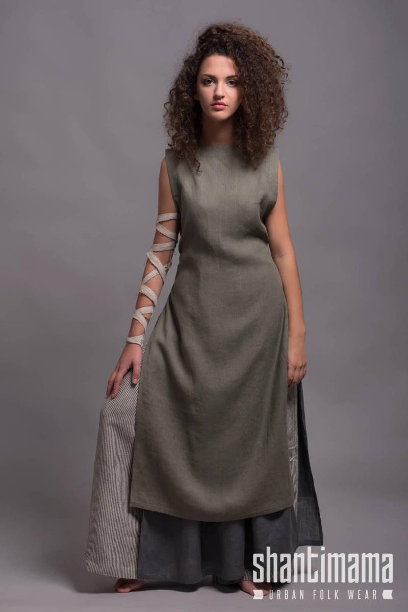 Outfit - 3-Teilig Weitbein Leinenhose Bora + Langes Leinen Tunika Kleid Nero Schürze Linas, Gewaschenes Weiches Flachs Frauen Kleidung von ShantimaShop