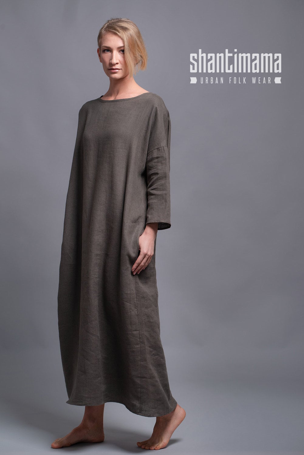 Washed Linen Dress Dor, Casual Maxi Day Plus Size, Oversize Long Loose Fit Kaftan Mit Langen Ärmeln, Boho Simple Minimalist von ShantimaShop