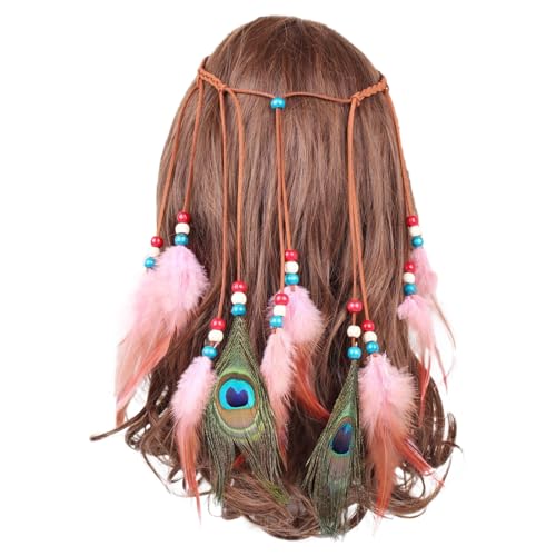 Böhmische Pfau Feder Kopfschmuck Stirnband Flechten Stirnband Zubehoer fuer Damen Frauen Karneval Festival Maskeraden Hippie Kette Festival Haarschmuck (Pink, One Size) von Shaohan