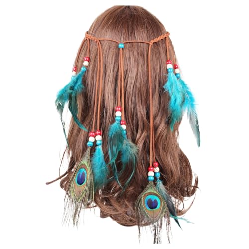 Böhmische Pfau Feder Kopfschmuck Stirnband Flechten Stirnband Zubehoer fuer Damen Frauen Karneval Festival Maskeraden Hippie Kette Festival Haarschmuck (Sky Blue, One Size) von Shaohan