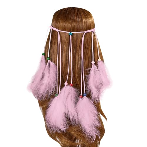 Damen Boho Quaste Hippie Stirnband Karneval Kostüm Feder Kopfschmuck Festival Haarschmuck Flechten Haar Band Stirnband Zubehoer für Kostüm Damen (Pink, One Size) von Shaohan