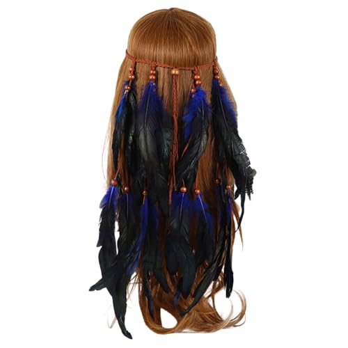 Federschmuck Damen Indianers Feder-Stirnband Karneval Party Kopfschmuck Haarbänder Layered Feathr Stirnband Einstellbar Vintage Boho Hippie Pfauenfedern Kopfschmuck (Dark Blue, One Size) von Shaohan