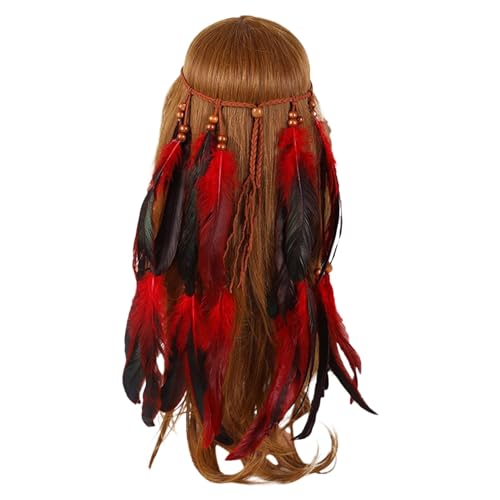 Federschmuck Damen Indianers Feder-Stirnband Karneval Party Kopfschmuck Haarbänder Layered Feathr Stirnband Einstellbar Vintage Boho Hippie Pfauenfedern Kopfschmuck (Red, One Size) von Shaohan