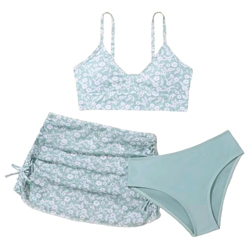 Mädchen Bikini Set 3er Sommer Badeanzüge Kinder Dreiteilig Tankini mit Rock Blumendruck Bademode Triangel Bikinihose mit Kordelzug Rock Schwimmanzug Bikinis für Teenager 8-14 Jahre von Shaohan