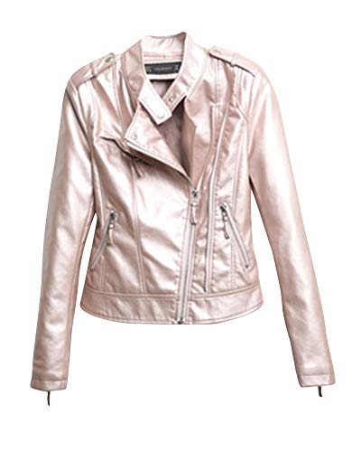 Shaoyao Damen Lederjacke Bikerjacke Kunstleder Druckknopf Mit Pu-Haut Stehkragen Pink L von Shaoyao