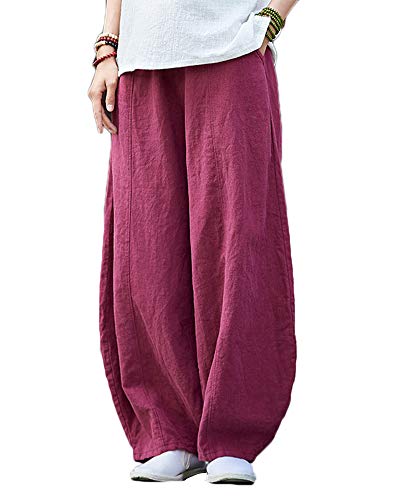 Shaoyao Damen Leinenhose Länge Leichte Strandhose Einfarbig Freizeithose Jogginghose Haremshose Wine Red von Shaoyao