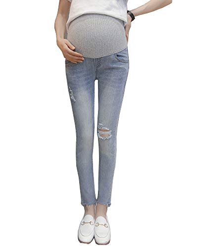 Shaoyao Damen Umstandsmode Lange Hose Freizeithose Umstandsleggings Jeans für Schwangerschaft Maternity Komfortable Elastische Bund Denim Umstandsjeans Blau L von Shaoyao