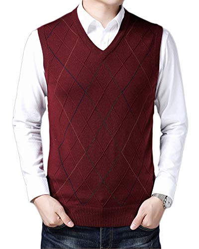 Shaoyao Herren Casual Pullunder Slim Fit Argyle Ärmellos V-Ausschnitt Strickweste Business Weste Rot M von Shaoyao