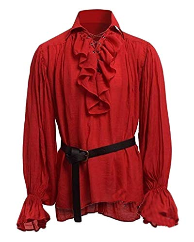 Shaoyao Herren Lange Ärmel Cosplay Gothic Victorian Rüschenhemd Mittelalter Hemd Elegant Langarmshirt Kein Gürtel Rot 2XL von Shaoyao