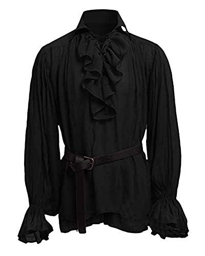 Shaoyao Herren Lange Ärmel Cosplay Gothic Victorian Rüschenhemd Mittelalter Hemd Elegant Langarmshirt Kein Gürtel Schwarz 3XL von Shaoyao