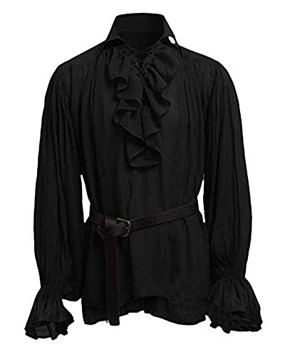Shaoyao Herren Lange Ärmel Cosplay Gothic Victorian Rüschenhemd Mittelalter Hemd Elegant Langarmshirt Kein Gürtel Schwarz 5XL von Shaoyao