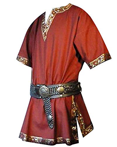 Shaoyao Herren Mittelalter Tunika Kurzarm Retro Hemd Blusen Ohne Gürtel Rot 2XL von Shaoyao