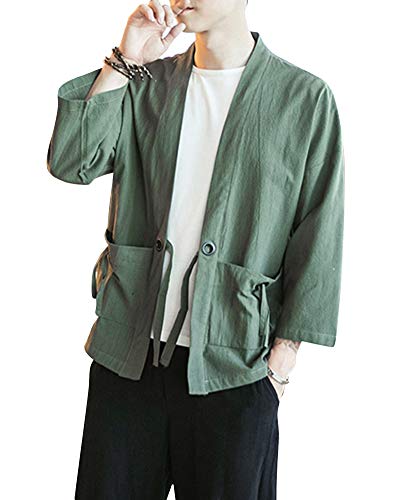 Shaoyao Herren Retro Jacke Hanfu Leinen Strickjacke Mantel Kimono Haori Jacke Armee-Grün 2XL von Shaoyao