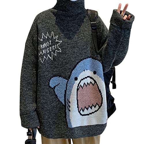 Damen Herren Rollkragenpullover Harajuku Cartoon Hai Print Langarm Pullover Top Oversized Hoher Kragen Strickpullover, BK, M von ShapeW