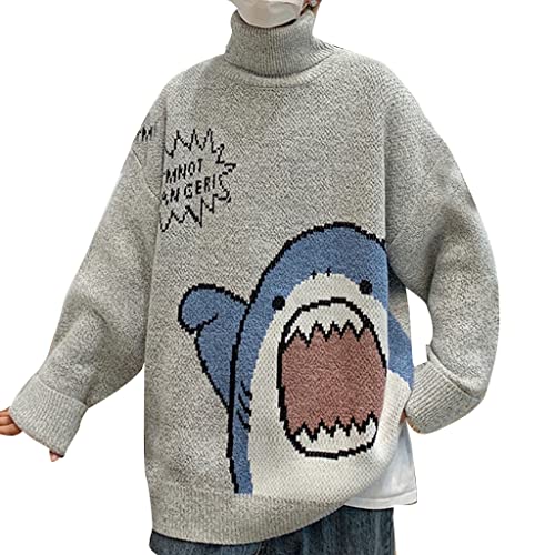 Damen Herren Rollkragenpullover Harajuku Cartoon Hai Print Langarm Pullover Top Oversized Hoher Kragen Strickpullover, Gy, XL von ShapeW