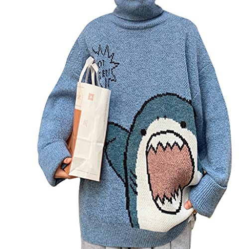 Damen Herren Rollkragenpullover Harajuku Cartoon Hai Print Langarm Pullover Top Oversized Hoher Kragen Strickpullover, bl, L von ShapeW