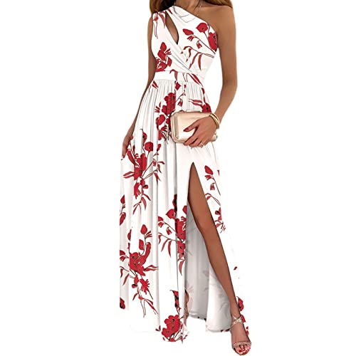 Damen Sexy One Shoulder Maxi Langes Kleid High Split Unregelmäßige Cutout Rüschen Langes Abendkleid, Weiß + Rot mit Blumenmuster, Small von ShapeW