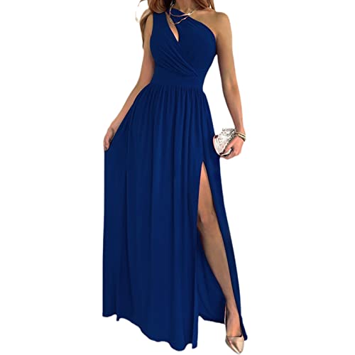 Damen Sexy One Shoulder Maxi Langes Kleid High Split Unregelmäßige Cutout Rüschen Langes Abendkleid, dunkelblau, Small von ShapeW