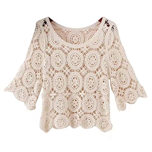 Damen Sommer 3/4 Ärmel Häkel-T-Shirt Strick Blumenmuster Pullover Top Strand Bluse Cover Up, beige, OneSize von courti