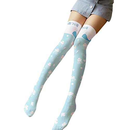 Japanische Frauen Lolita Oberschenkelhohe Strümpfe Harajuku Niedlich Cartoon Kaninchen Quallen Druck Anime Overknee Socken, 1, One size von ShapeW