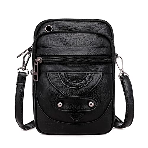 Kleine Umhängetasche für Damen, weiches Kunstleder, mit Reißverschluss, Messenger-Tasche, Schultertasche, Geldbörse mit Kopfhörerloch, Schwarz von ShapeW