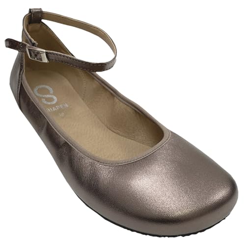 Shapen Leder Ballerina 3 mm Krepp Sohle in Schimmerndem Bronze mit Riemchen v Barefoot *Tulip* (Bronze, EU Schuhgrößensystem, Erwachsene, Damen, Numerisch, M, 40) von Shapen