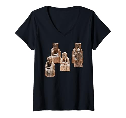 Damen Lewis Chessmen – Schachfiguren aus dem 12. Jahrhundert Formen Mania T-Shirt mit V-Ausschnitt von Shapes Mania Chess Gift