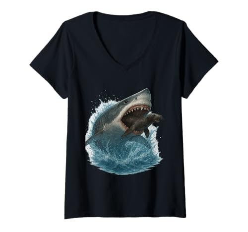 Damen Haiangriff Großer weißer Hai gegen Seal Predator Ocean T-Shirt mit V-Ausschnitt Damen Haiangriff Großer weißer Hai gegen Seal Predator Ocean T-Shirt mit V-Ausschnitt von Shark Attack Shark vs Seal Tee.