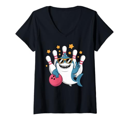 Damen Lustiger Hai mit Bowlingkugel und Pins Bowler Tier T-Shirt mit V-Ausschnitt Damen Lustiger Hai mit Bowlingkugel und Pins Bowler Tier T-Shirt mit V-Ausschnitt von Shark Bowling Graphic
