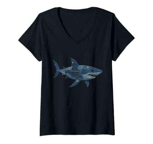 Damen Haifisch-Denim T-Shirt mit V-Ausschnitt Damen Haifisch-Denim T-Shirt mit V-Ausschnitt von Shark Denim Design
