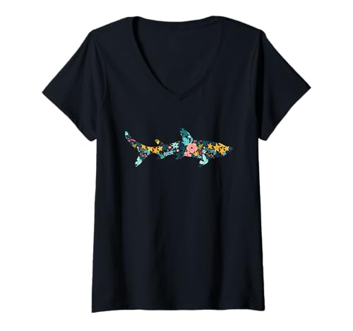 Damen Floral Shark Silhouette Damen Mädchen Grafik T-Shirt mit V-Ausschnitt von Shark Floral Silhouette Shark Lover
