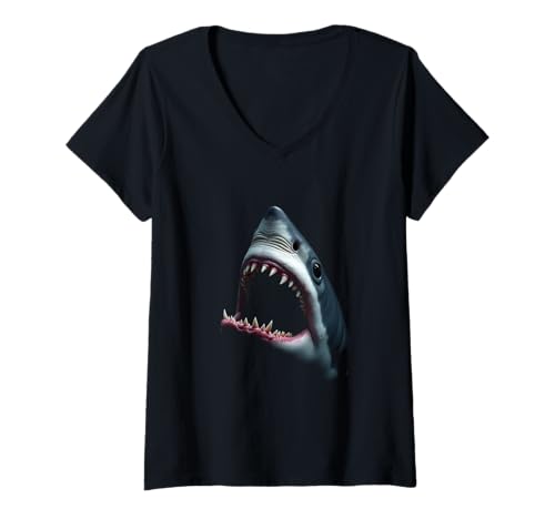 Damen Meereskunst mit wütendem Haikopf und brüllenden Wildtieren T-Shirt mit V-Ausschnitt Damen Meereskunst mit wütendem Haikopf und brüllenden Wildtieren T-Shirt mit V-Ausschnitt von Shark Fun Designs