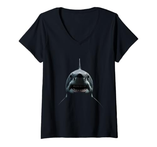 Damen Meereskunst mit wütendem Haikopf und brüllenden Wildtieren T-Shirt mit V-Ausschnitt Damen Meereskunst mit wütendem Haikopf und brüllenden Wildtieren T-Shirt mit V-Ausschnitt von Shark Fun Designs